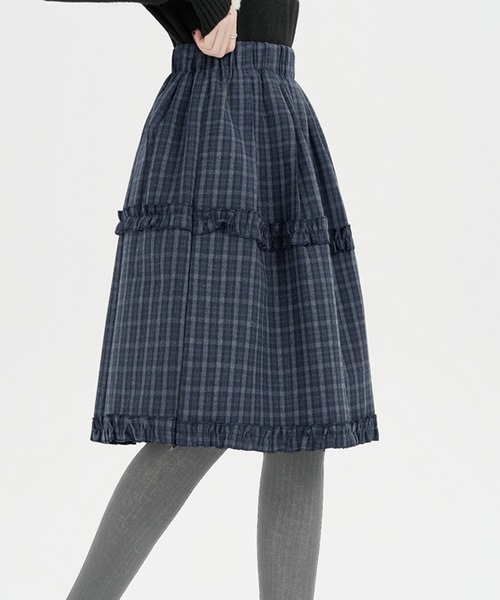 Nia（ニア）の「Nia(ニア)/チェック切り替えミディアムスカート（スカート・レディース・ネイビー/ブラウン・FREE）」の3枚目の写真