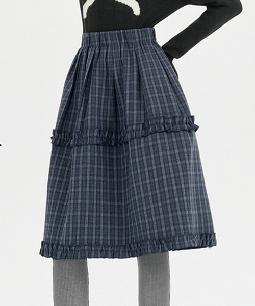 Nia（ニア）の「Nia(ニア)/チェック切り替えミディアムスカート（スカート・レディース・ネイビー/ブラウン・FREE）」の4枚目の写真