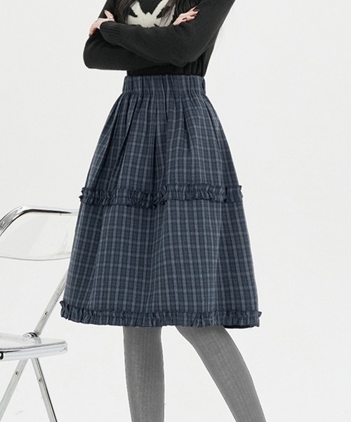 Nia（ニア）の「Nia(ニア)/チェック切り替えミディアムスカート（スカート・レディース・ネイビー/ブラウン・FREE）」の5枚目の写真