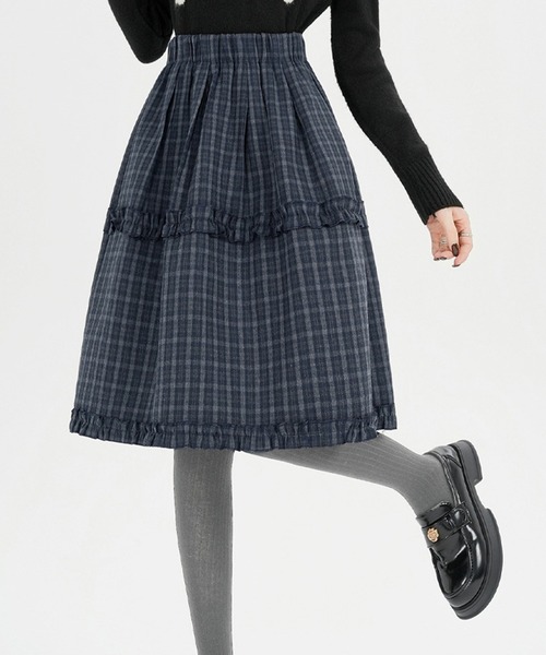 Nia（ニア）の「Nia(ニア)/チェック切り替えミディアムスカート（スカート・レディース・ネイビー/ブラウン・FREE）」の6枚目の写真