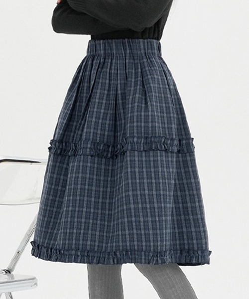 Nia（ニア）の「Nia(ニア)/チェック切り替えミディアムスカート（スカート・レディース・ネイビー/ブラウン・FREE）」の7枚目の写真