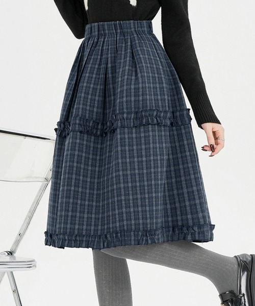 Nia（ニア）の「Nia(ニア)/チェック切り替えミディアムスカート（スカート・レディース・ネイビー/ブラウン・FREE）」の8枚目の写真