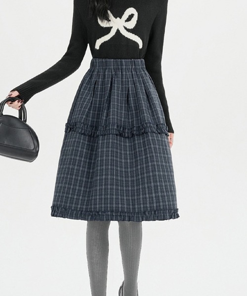 Nia（ニア）の「Nia(ニア)/チェック切り替えミディアムスカート（スカート・レディース・ネイビー/ブラウン・FREE）」の9枚目の写真