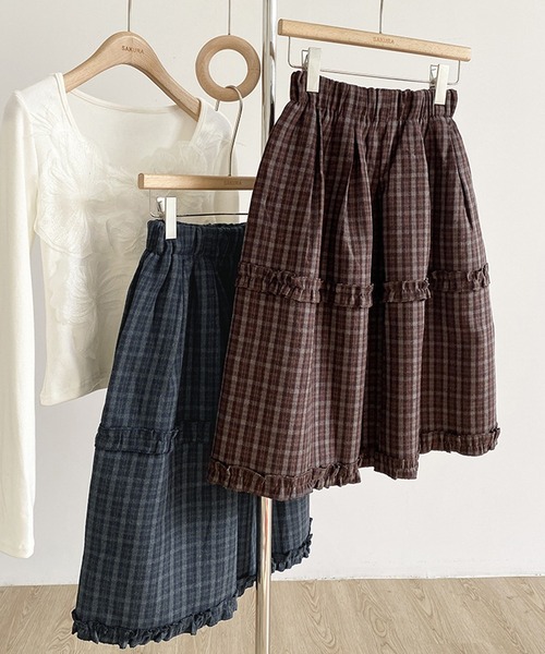 Nia（ニア）の「Nia(ニア)/チェック切り替えミディアムスカート（スカート・レディース・ネイビー/ブラウン・FREE）」の10枚目の写真