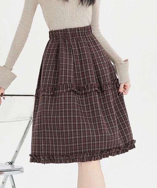 Nia（ニア）の「Nia(ニア)/チェック切り替えミディアムスカート（スカート・レディース・ネイビー/ブラウン・FREE）」の11枚目の写真