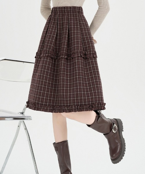 Nia（ニア）の「Nia(ニア)/チェック切り替えミディアムスカート（スカート・レディース・ネイビー/ブラウン・FREE）」の13枚目の写真