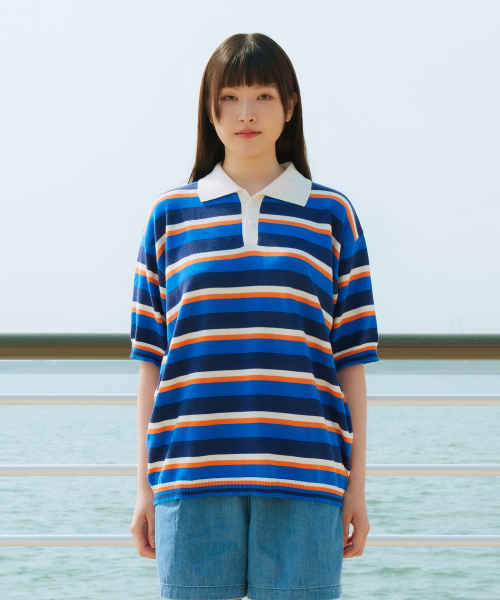 PORTABLE SOCIETY CLUB(ピーエスシー)の「レトロウェーブストライプカラー半袖ニット_ブルー(ポロシャツ・メンズ・その他・MEDIUM/LARGE/X-LARGE)」の3枚目の写真