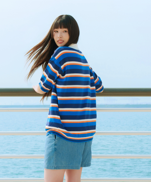 PORTABLE SOCIETY CLUB(ピーエスシー)の「レトロウェーブストライプカラー半袖ニット_ブルー(ポロシャツ・メンズ・その他・MEDIUM/LARGE/X-LARGE)」の4枚目の写真