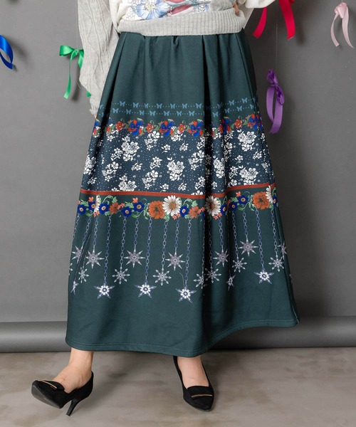 553284：冬のオーナメント×花柄 裏起毛スカート