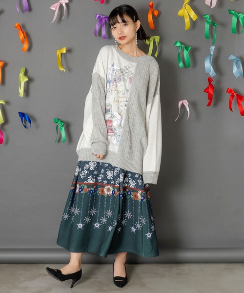 553284：冬のオーナメント×花柄 裏起毛スカート