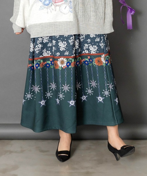 553284：冬のオーナメント×花柄 裏起毛スカート