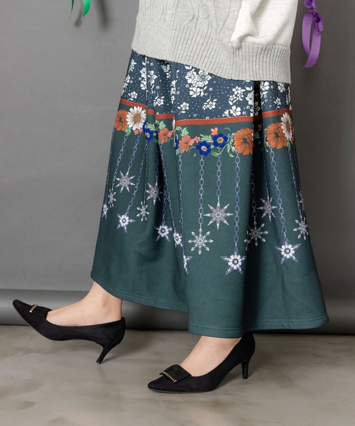 553284：冬のオーナメント×花柄 裏起毛スカート