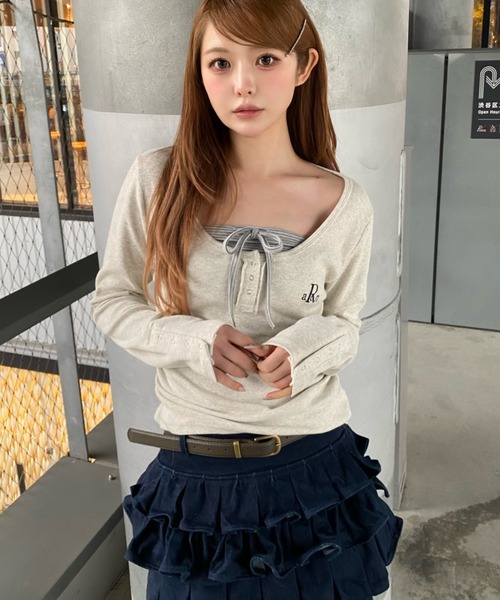 RAY CASSIN（レイカズン）の「【5色展開　無地 / ボーダー】胸刺繍UネックヘンリーロンT（Tシャツ/カットソー・レディース・グレー/ホワイト系その他2/グレー系その他2/ホワイト/ホワイト系その他・FREE）」の18枚目の写真