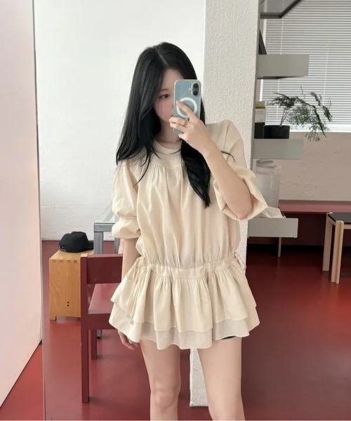 gossip!ロサンゼルス(ゴシップロサンゼルス)の「【Y2Kガーリー】レトロフリルウエストドロストミニワンピース(ワンピース・レディース・ブラック/オフホワイト・FREE)」の14枚目の写真