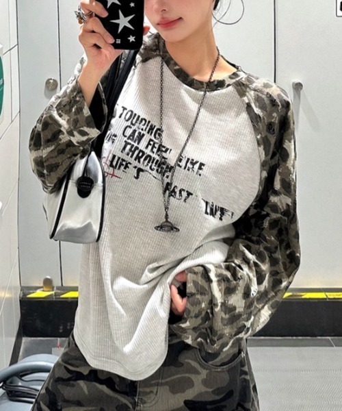 セール】カモフラ柄ラグランスリーブワッフルロンT（Tシャツ