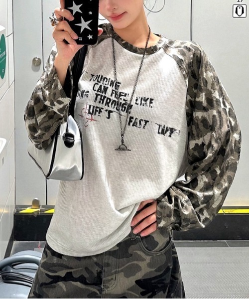 SHEENA(シーナ)の「カモフラ柄ラグランスリーブワッフルロンT(Tシャツ/カットソー・レディース・ライトグレー・M)」の3枚目の写真