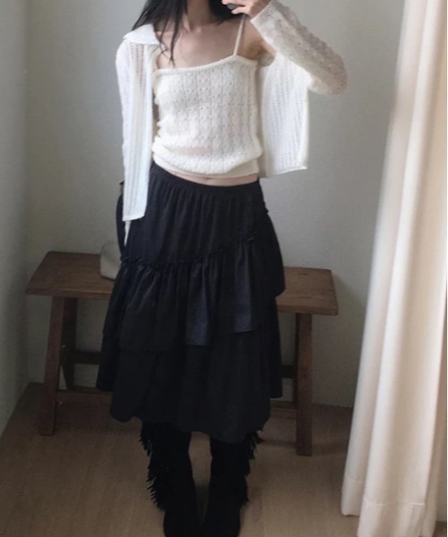 Vipoa（ヴィポア）の「asymmetry frill skirt（スカート・レディース・カーキ/ブラック・FREE）」の7枚目の写真