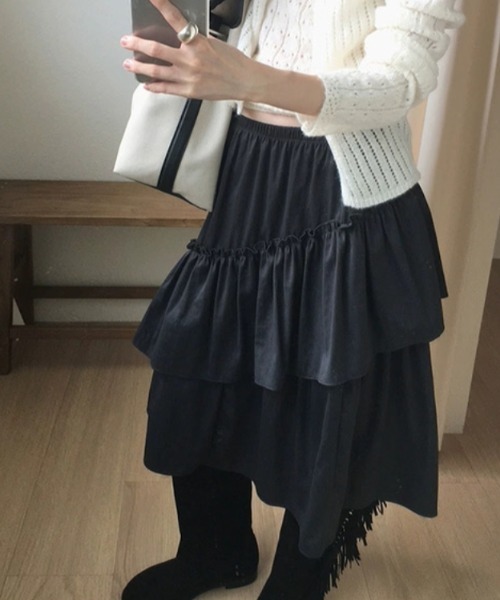 Vipoa（ヴィポア）の「asymmetry frill skirt（スカート・レディース・カーキ/ブラック・FREE）」の9枚目の写真
