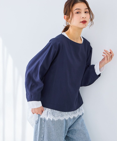 studio CLIP(スタディオクリップ)の「シアーボートネックTブラウス(シャツ/ブラウス・レディース・ネイビー/オフホワイト・FREE)」の1枚目の写真