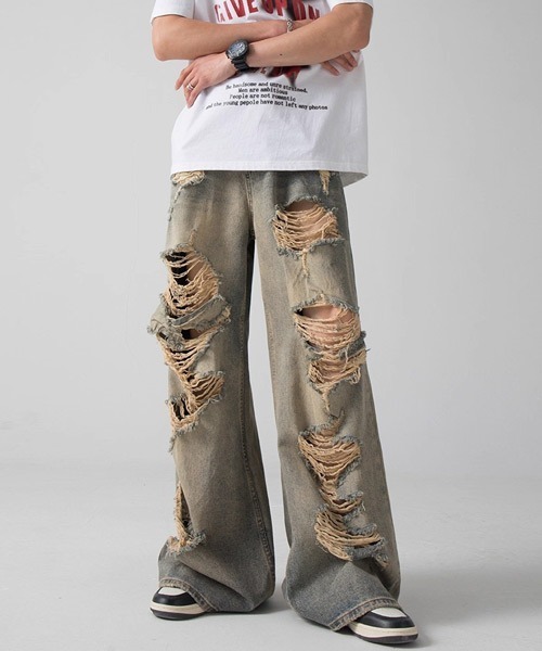 Ressaca(レサーカ)の「ダメージ加工ワイドデニムパンツ(デニムパンツ・メンズ・インディゴブルー・L/XL/M)」の1枚目の写真