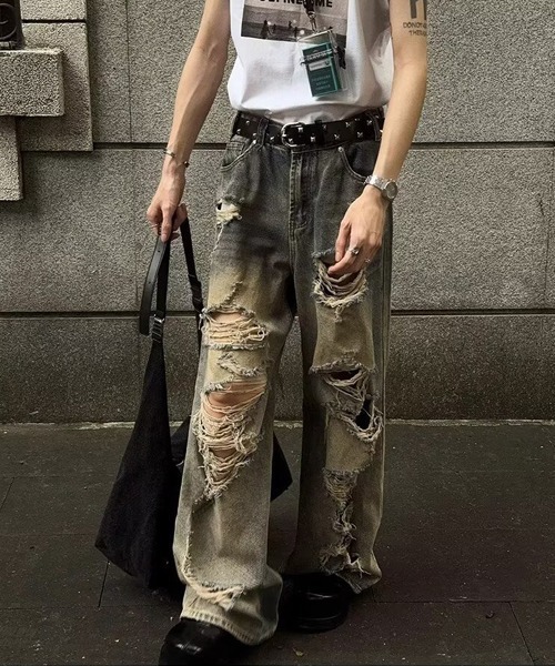 Ressaca(レサーカ)の「ダメージ加工ワイドデニムパンツ(デニムパンツ・メンズ・インディゴブルー・L/XL/M)」の2枚目の写真