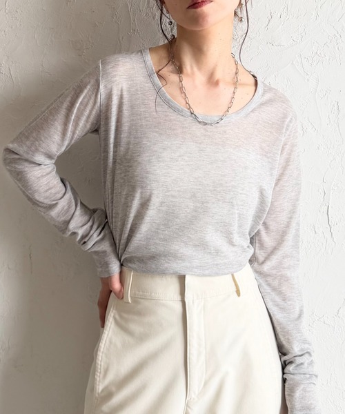 セール】深Uネック 長袖 シアートップス ロングTシャツ（Tシャツ
