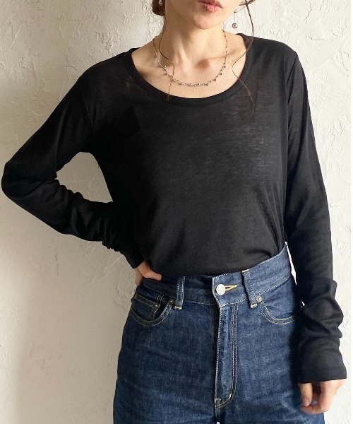 セール】深Uネック 長袖 シアートップス ロングTシャツ（Tシャツ