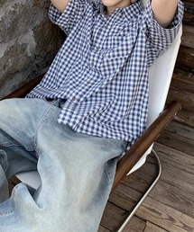 【UNISEX】オンブレチェック オーバーサイズ 半袖シャツ
