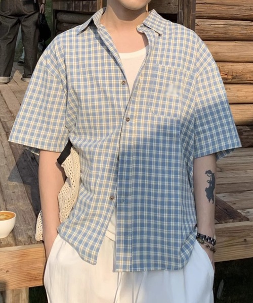 SHEPP（シープ）の「【UNISEX】オンブレチェック オーバーサイズ 半袖シャツ（シャツ/ブラウス・メンズ・ネイビー/グリーン/ピンク・M）」の2枚目の写真