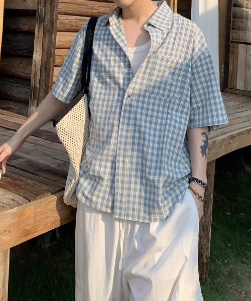 SHEPP（シープ）の「【UNISEX】オンブレチェック オーバーサイズ 半袖シャツ（シャツ/ブラウス・メンズ・ネイビー/グリーン/ピンク・M）」の6枚目の写真