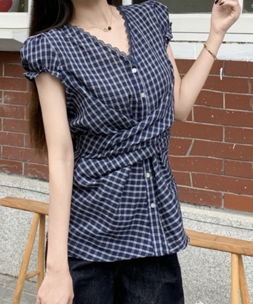 Teem Store(チームストア)の「チェック柄Vネックレース付ウエストリボン半袖シャツ(シャツ/ブラウス・レディース・ホワイト/ブルー・S/M)」の19枚目の写真