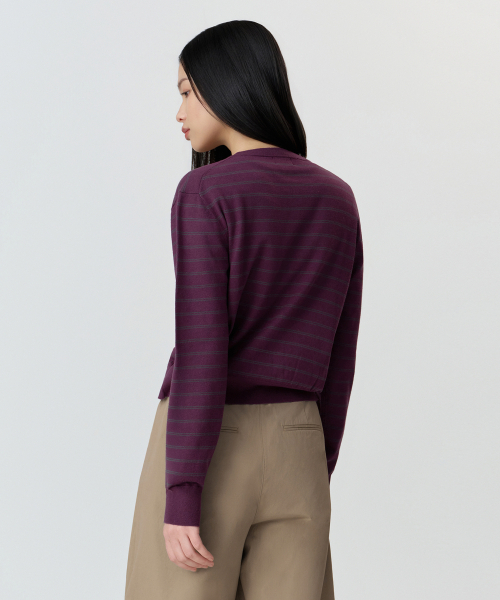MUSINSA STANDARD WOMAN（ムシンサスタンダードウーマン）の「ウィメンズストライプラウンドネックカーディガン[プラム]（カーディガン/ボレロ・レディース・その他・X-SMALL/SMALL/MEDIUM/LARGE）」の3枚目の写真