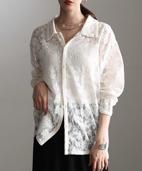 Sawa a la mode(サワアラモード)の「大人の花柄総レース開襟シャツ(シャツ/ブラウス・レディース・アイボリー/ブラック・FREE)」の1枚目の写真