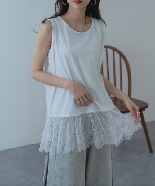ANNA LUNA(アンナルナ)の「【ANNA LUNA】インナー に仕込みたい 裾レース タンクトップ 袖なし(Tシャツ/カットソー・レディース・ブラック/オフホワイト・MEDIUM)」の3枚目の写真