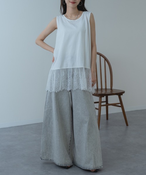 ANNA LUNA(アンナルナ)の「【ANNA LUNA】インナー に仕込みたい 裾レース タンクトップ 袖なし(Tシャツ/カットソー・レディース・ブラック/オフホワイト・MEDIUM)」の5枚目の写真