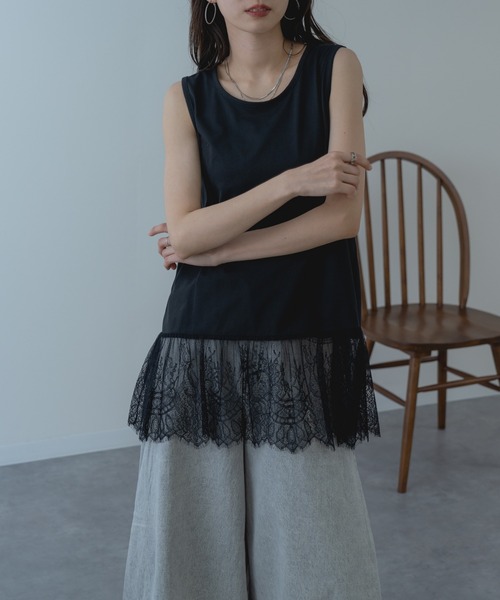 ANNA LUNA(アンナルナ)の「【ANNA LUNA】インナー に仕込みたい 裾レース タンクトップ 袖なし(Tシャツ/カットソー・レディース・ブラック/オフホワイト・MEDIUM)」の8枚目の写真