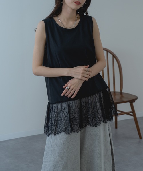 ANNA LUNA(アンナルナ)の「【ANNA LUNA】インナー に仕込みたい 裾レース タンクトップ 袖なし(Tシャツ/カットソー・レディース・ブラック/オフホワイト・MEDIUM)」の10枚目の写真