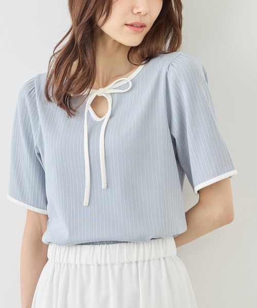 前後2WAY配色テレコリボンディテールトップス（Tシャツ/カットソー 