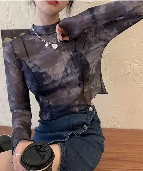 VIBGYOR(ヴィブジョー)の「【EIZZ/アイズ】タイダイ柄 シアー クロップド トップス / シアーロングスリーブT(Tシャツ/カットソー・レディース・ブラック/グレー/ブルー・FREE)」の18枚目の写真