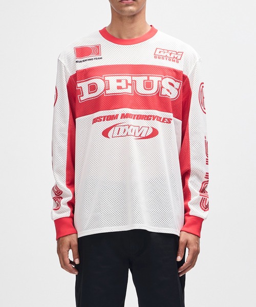 DEUS EX MACHINA(デウスエクスマキナ)の「STEP OUT MOTO JERSEY(Tシャツ/カットソー・メンズ・ブルー/ホワイト×レッド・M/L)」の2枚目の写真