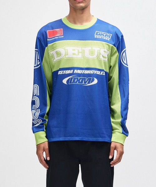 DEUS EX MACHINA(デウスエクスマキナ)の「STEP OUT MOTO JERSEY(Tシャツ/カットソー・メンズ・ブルー/ホワイト×レッド・M/L)」の1枚目の写真