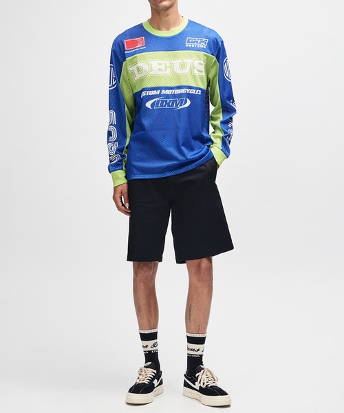 DEUS EX MACHINA(デウスエクスマキナ)の「STEP OUT MOTO JERSEY(Tシャツ/カットソー・メンズ・ブルー/ホワイト×レッド・M/L)」の4枚目の写真