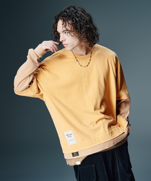 glamb(グラム)の「Ticket Tag Tri Layered Cutsew / チケットタグトライレイヤードカットソー(Tシャツ/カットソー・メンズ・ブラック/ネイビー/イエロー・S/M/L)」の2枚目の写真