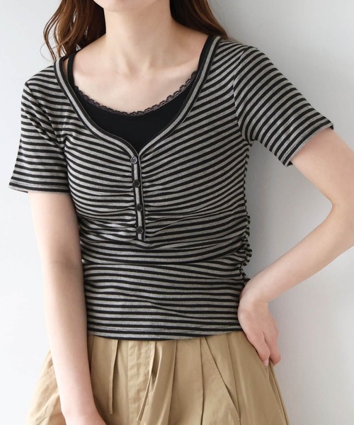 tiptop(ティップトップ)の「テレコレイヤードヘンリープルオーバー(Tシャツ/カットソー・レディース・グレー系その他/ブラック/オフホワイト/ブラウン・FREE)」の3枚目の写真