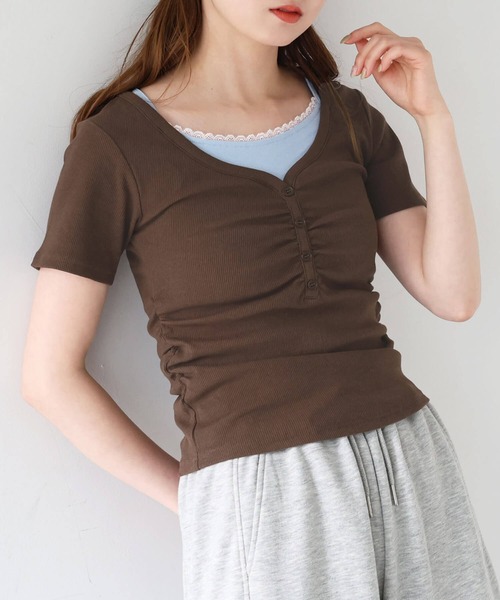 tiptop(ティップトップ)の「テレコレイヤードヘンリープルオーバー(Tシャツ/カットソー・レディース・グレー系その他/ブラック/オフホワイト/ブラウン・FREE)」の4枚目の写真