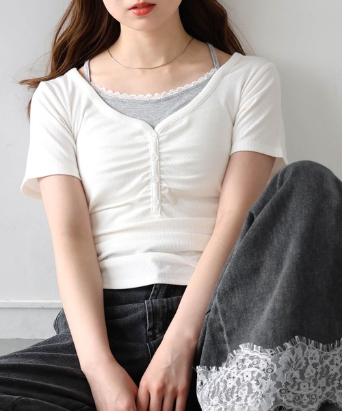 tiptop(ティップトップ)の「テレコレイヤードヘンリープルオーバー(Tシャツ/カットソー・レディース・グレー系その他/ブラック/オフホワイト/ブラウン・FREE)」の1枚目の写真