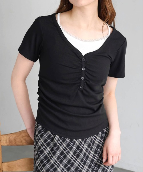 tiptop(ティップトップ)の「テレコレイヤードヘンリープルオーバー(Tシャツ/カットソー・レディース・グレー系その他/ブラック/オフホワイト/ブラウン・FREE)」の2枚目の写真
