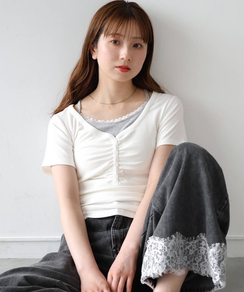 tiptop(ティップトップ)の「テレコレイヤードヘンリープルオーバー(Tシャツ/カットソー・レディース・グレー系その他/ブラック/オフホワイト/ブラウン・FREE)」の6枚目の写真
