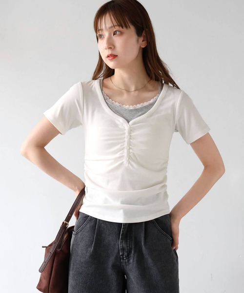 tiptop(ティップトップ)の「テレコレイヤードヘンリープルオーバー(Tシャツ/カットソー・レディース・グレー系その他/ブラック/オフホワイト/ブラウン・FREE)」の7枚目の写真