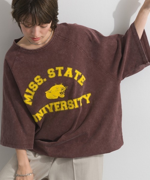 enhaut(アンオート)の「ピグメント加工天竺 パンサー フロッキー プリント ラグラン 裾ドロスト Tシャツ 半袖(Tシャツ/カットソー・レディース・チャコールグレー/ブルー/レッド/グリーン/ブラウン・FREE)」の1枚目の写真